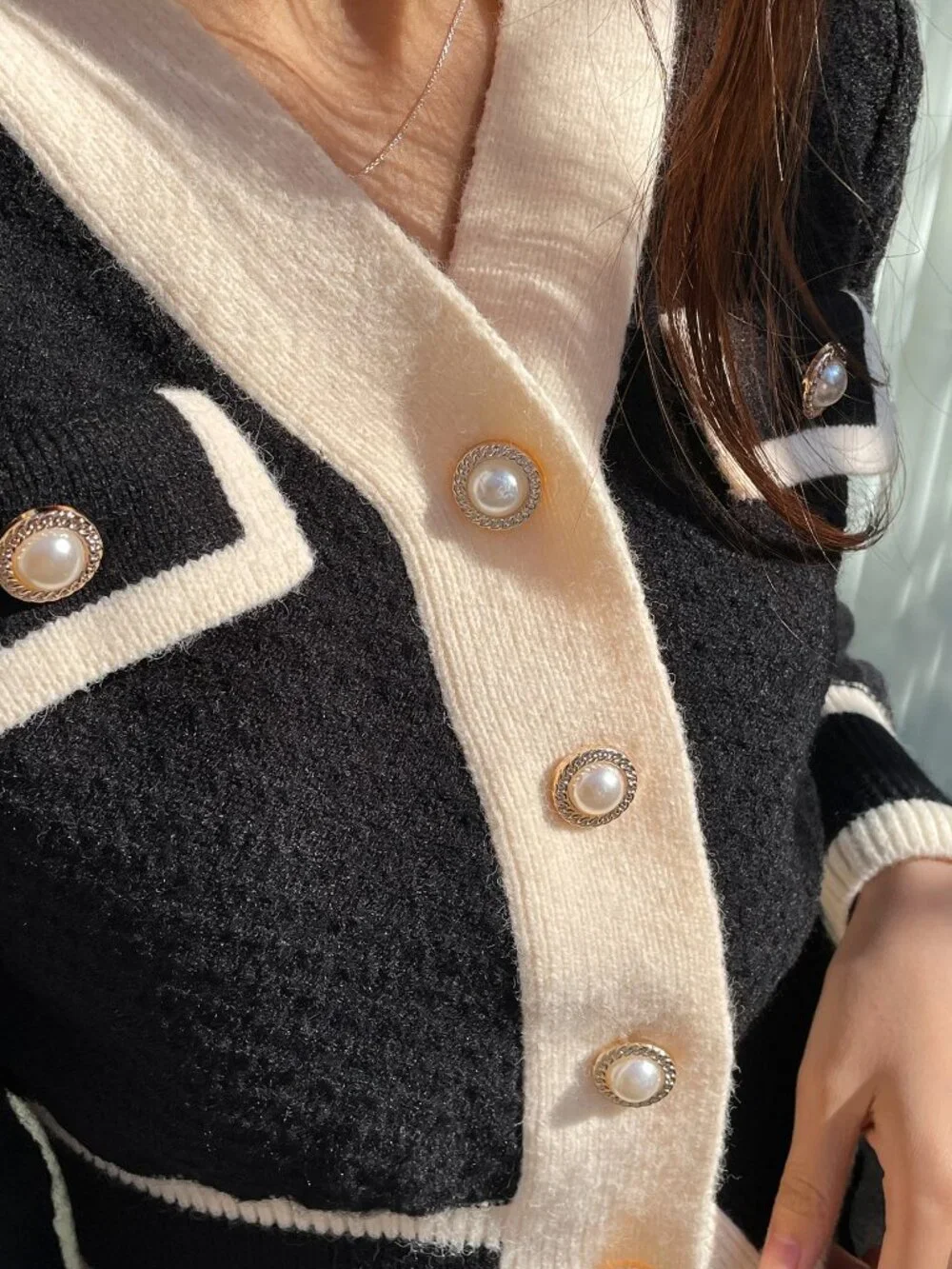 Black Casual Women's Colorblock Long Sleeve Button Design Cardigan
